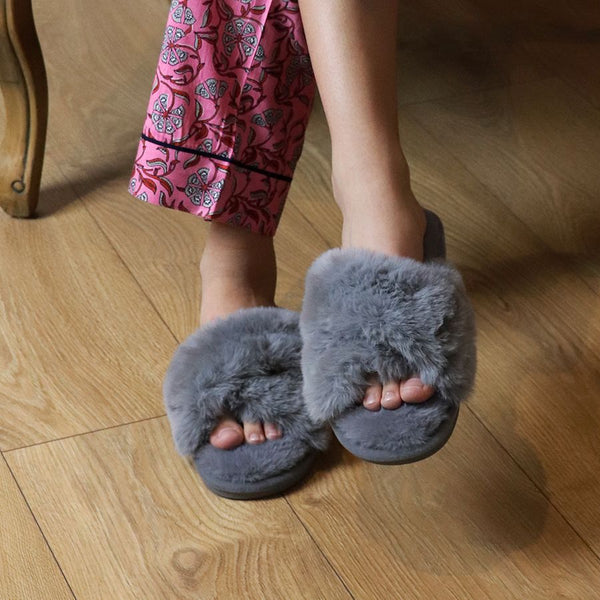 Pale Grey Faux Fur Cross Over Slippers