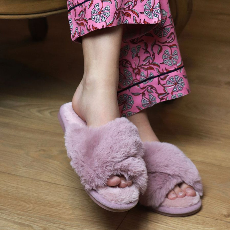Dusky Rose Faux Fur Crossover Slippers