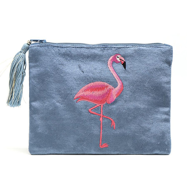 Dusky Blue Embroidered & Flamingo Purse/Pouch