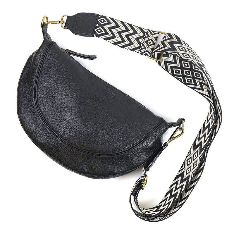 Black Vegan Leather Half Moon Bag With Grey/Cream Chevron Strap