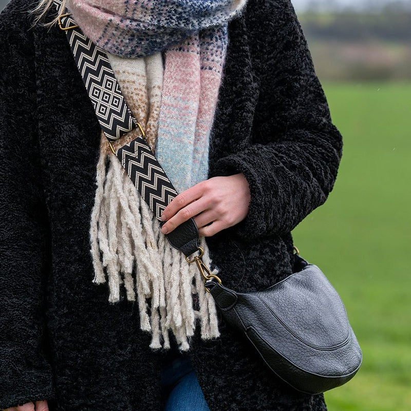 Black Vegan Leather Half Moon Bag With Grey/Cream Chevron Strap