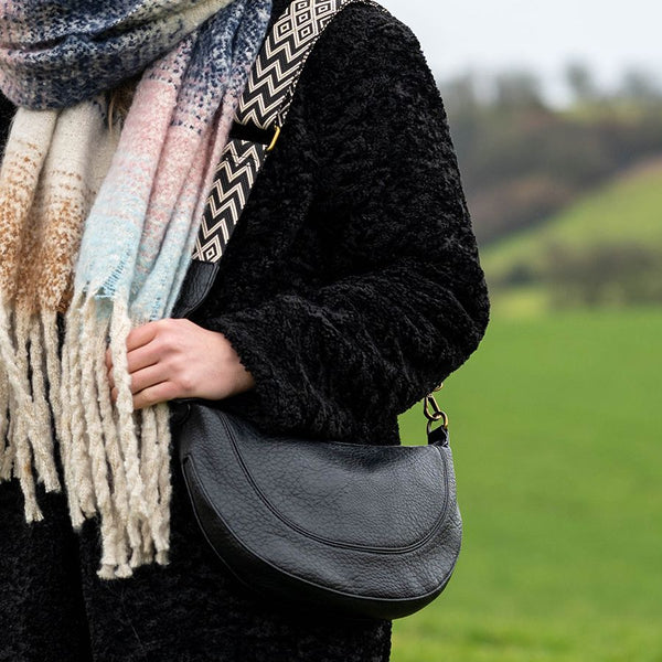 Black Vegan Leather Half Moon Bag With Grey/Cream Chevron Strap