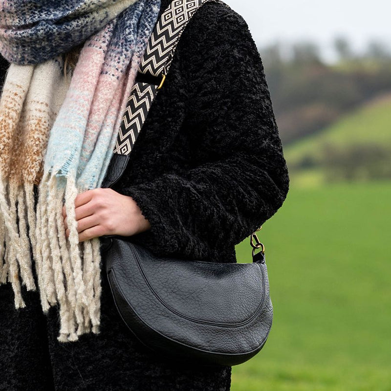 Black Vegan Leather Half Moon Bag With Grey/Cream Chevron Strap