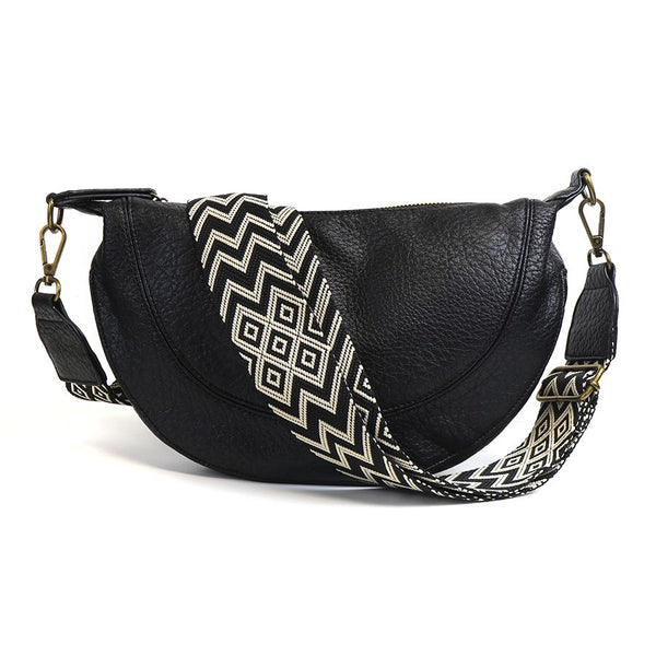 Black Vegan Leather Half Moon Bag With Grey/Cream Chevron Strap