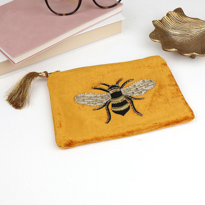 Mustard Embroidered & Beaded Bee Purse/Pouch