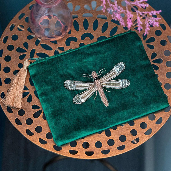 Emerald Green Embroidered & Beaded Dragonfly Purse/Pouch