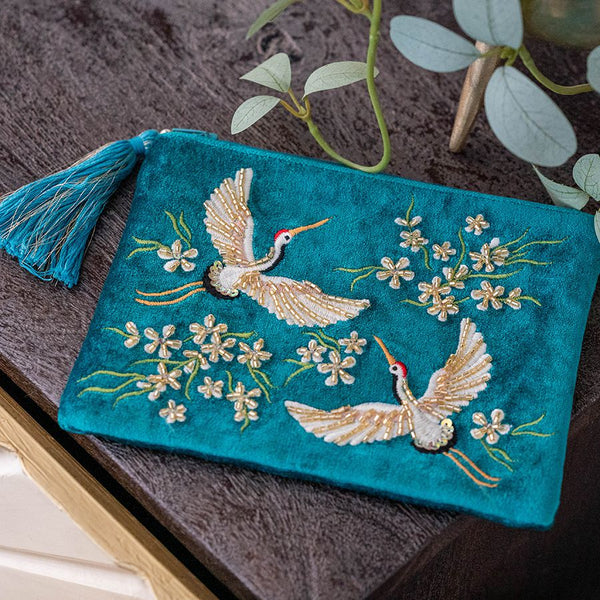 Bright Teal Embroidered & Beaded Flying Cranes Purse/Pouch