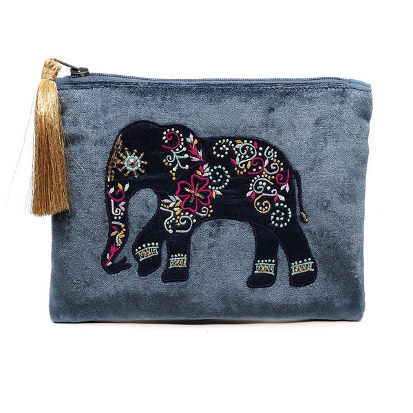 Dusky Blue Embroidered & Beaded Elephant Purse/Pouch