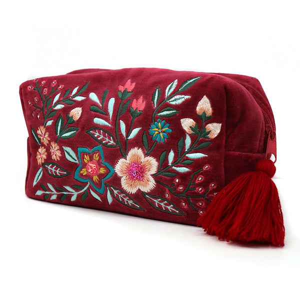 Burgundy Floral Meadow Embroidered Velvet Washbag