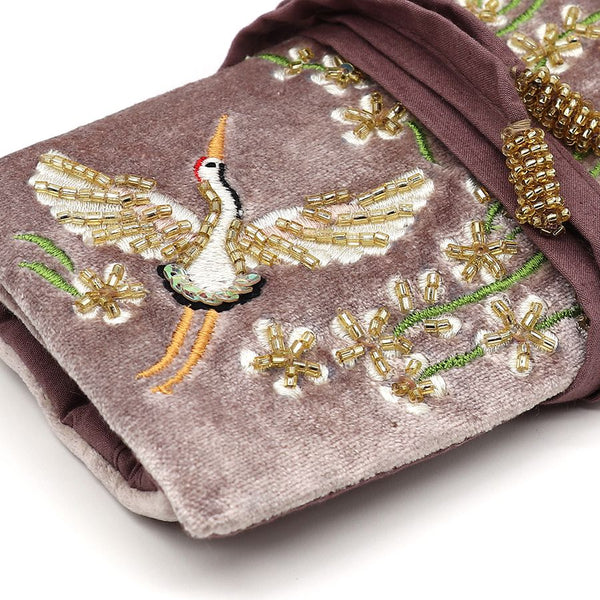 Mink Embroidered Crane Velvet Jewellery Roll