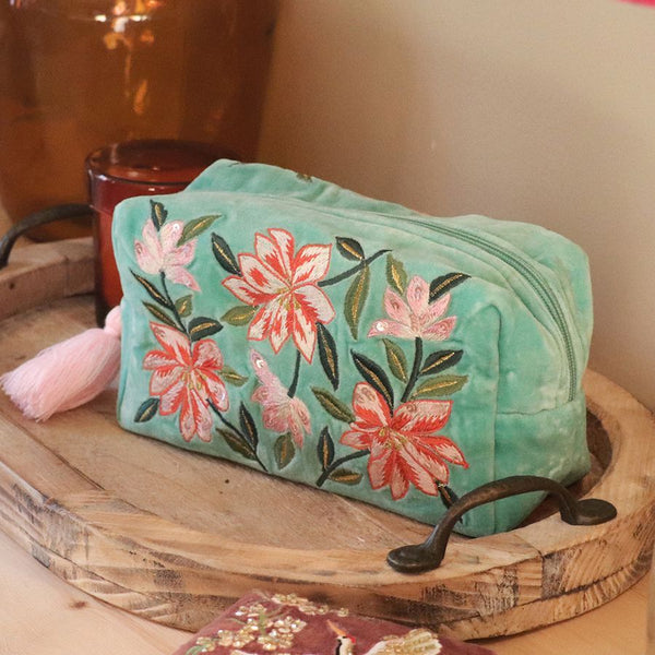 Turquoise Floral Meadow Embroidered Velvet Washbag