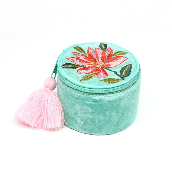 Zipped Round Turquoise Floral Embroidered Jewellery Box