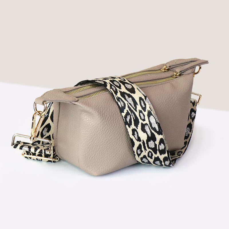 Fawn Vegan Leather Double Zip Bag With Animal Print Strap