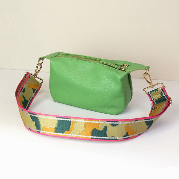 Pea Green Vegan Leather Camera Bag With Pink/Orange Abstract Strap