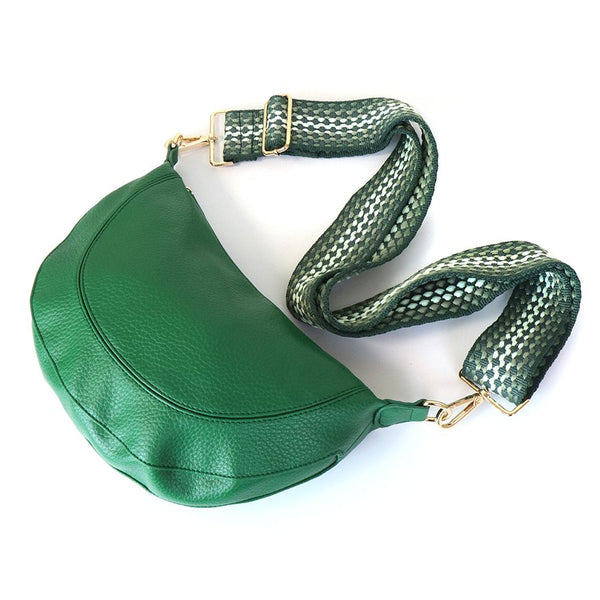 Emerald Green Vegan Leather Half Moon Bag With Woven Spotted Strap