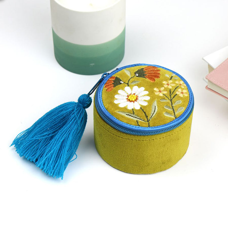Zipped Round Mustard Hedgehog Embroidered Jewellery Box