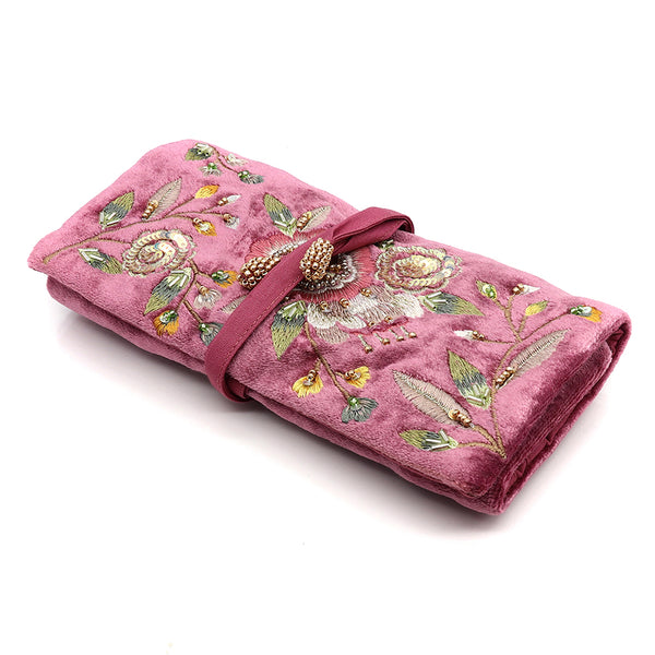 Pink Vintage Floral Velvet Jewellery Roll