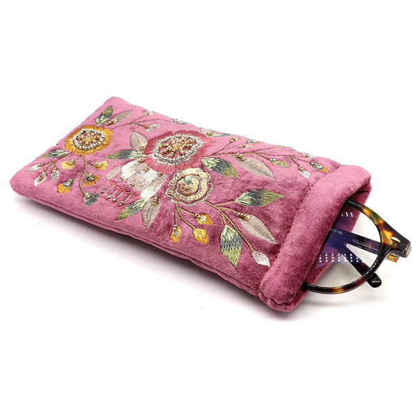 Pink Vintage Floral Velvet Glasses Case
