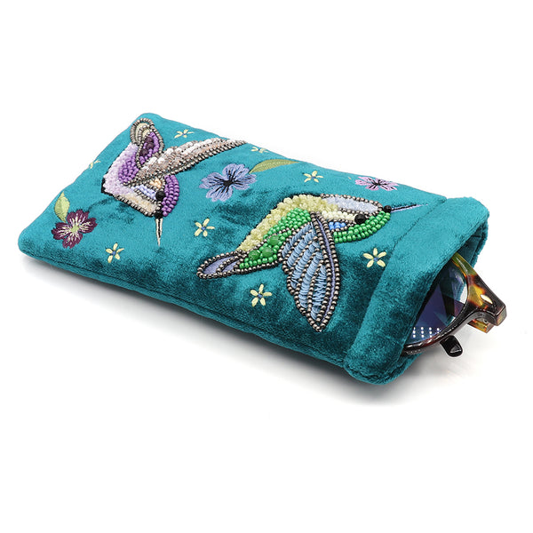 Teal Hummingbird Velvet Glasses Case