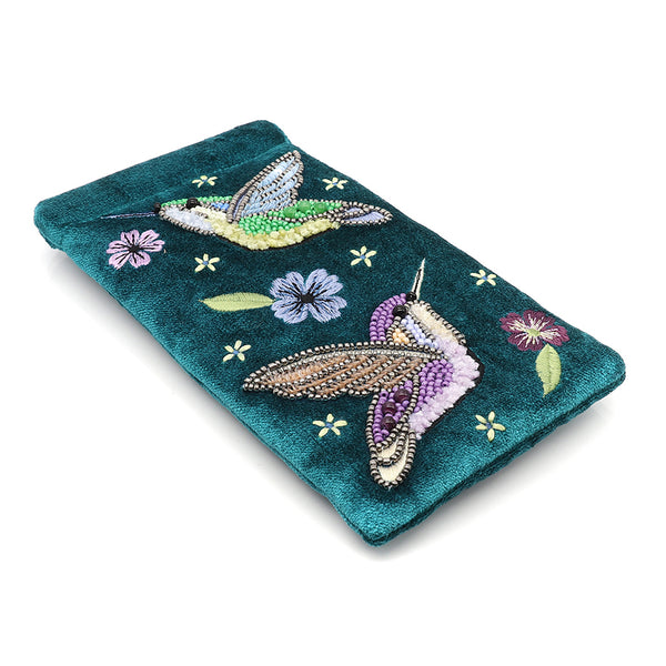 Teal Hummingbird Velvet Glasses Case