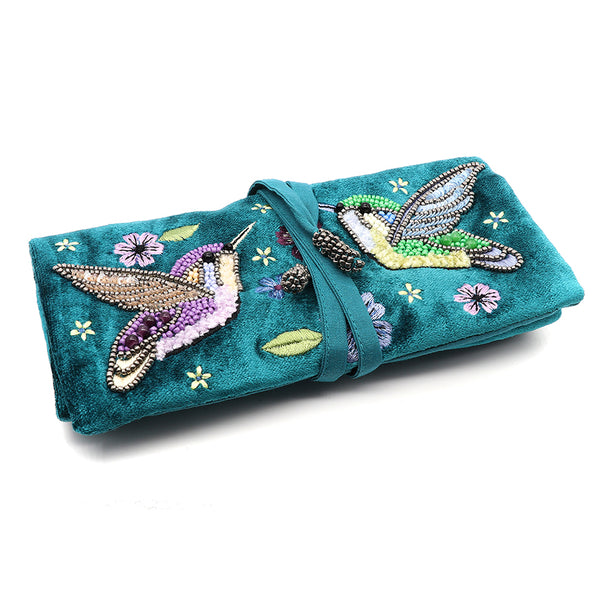 Teal Hummingbird Velvet Jewellery Roll