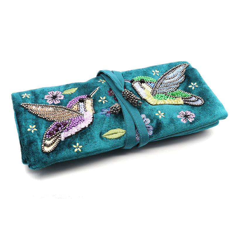 Teal Hummingbird Velvet Jewellery Roll