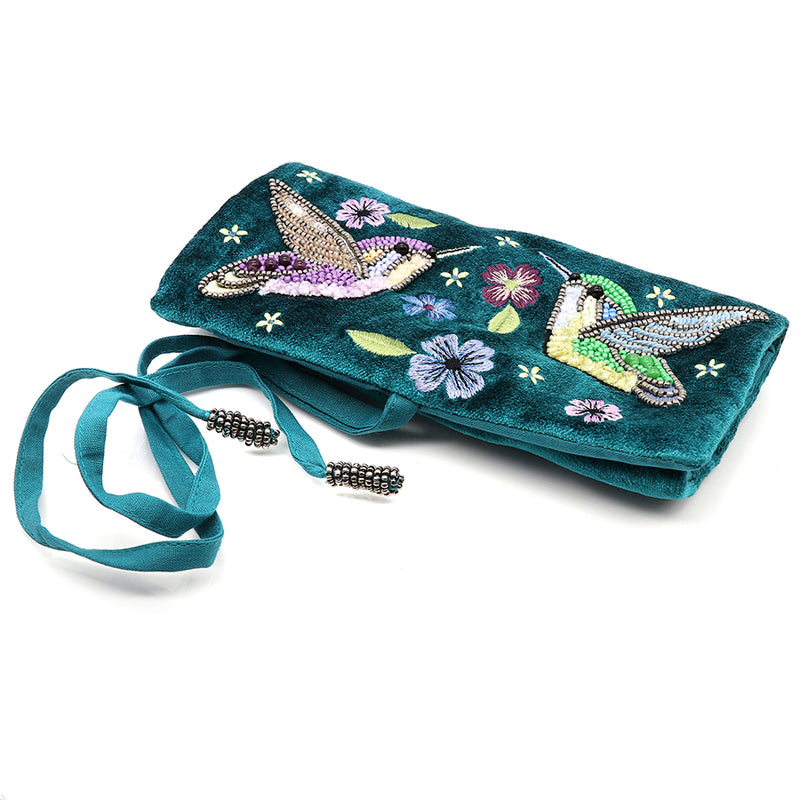 Teal Hummingbird Velvet Jewellery Roll