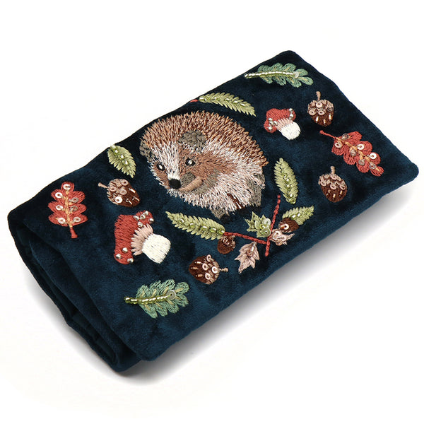 Dark Teal Velvet Hedgehog Jewellery Roll