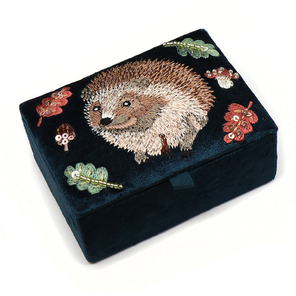 Dark Teal Velvet Hedgehog Small Jewellery Box