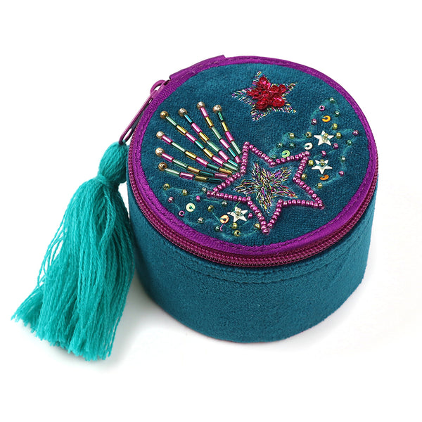 Teal Shooting Stars Round Trinket Box