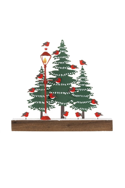 Street Light With Trees And Robins On Wooden Block