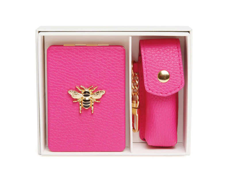 Oblong Mirror And Lipstick Holder Gift Set - Hot Pink