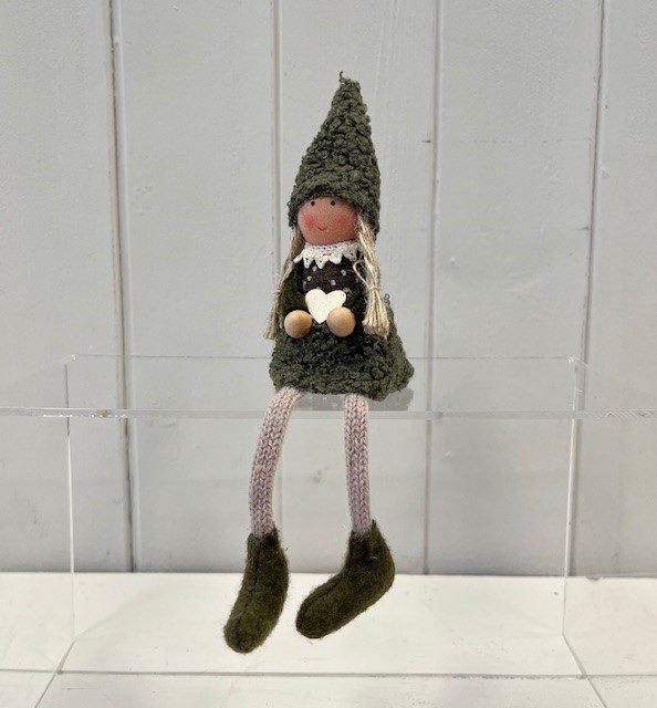 Green Boucle Sitting Doll With Wooden Heart