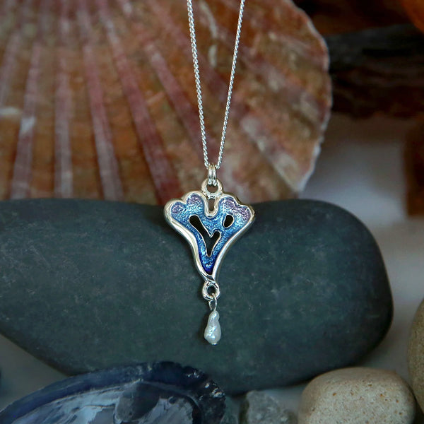 Sea Moss Heart Pendant with Baroque Pearl in Sea Blue Enamel