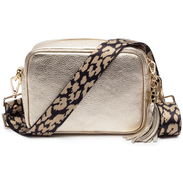 Gold Leather Handbag With Leopard Print Strap