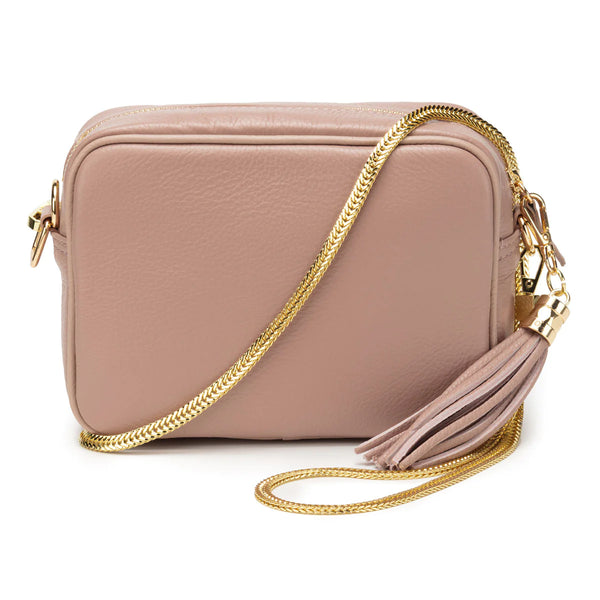 Blush Leather Handbag With Gold Bracelet Chain Strap
