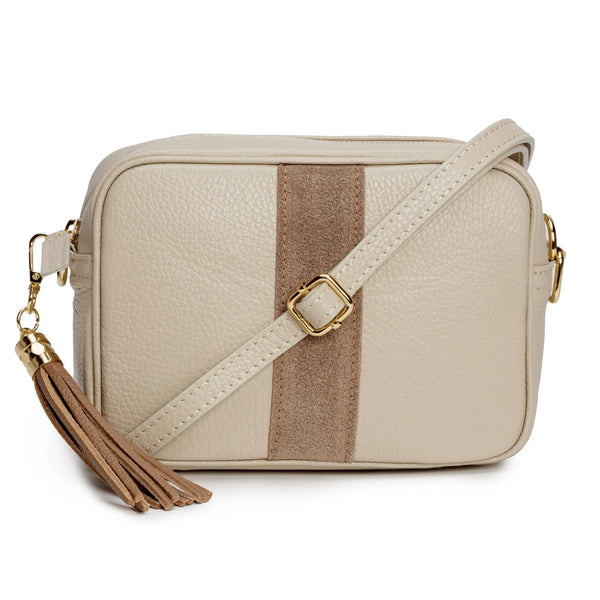 Stone Leather Handbag With Suede Stripe & Mozaic Strap