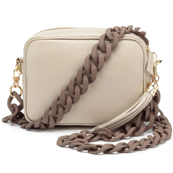 Stone Leather Handbag With Velvet Taupe Acetate Strap