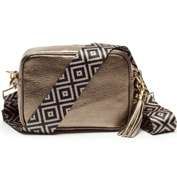 Bronze Leather Handbag With Blue Diamond Strap