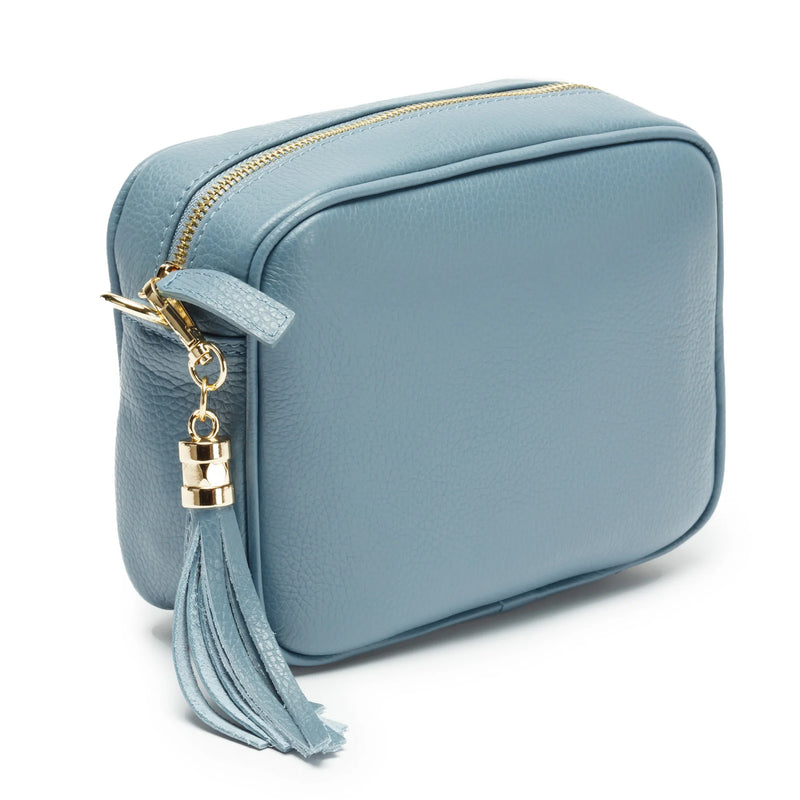 Light Blue Leather Handbag With Blue Diamond Strap