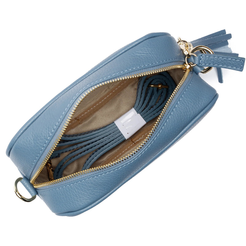 Light Blue Leather Handbag With Blue Diamond Strap