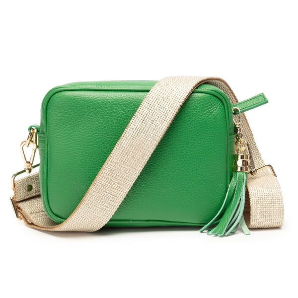 Emerald Green Leather Handbag With Gold Glam Strap