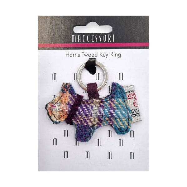 Harris Tweed Scottie Dog Keyring - Green & Purple Plaid