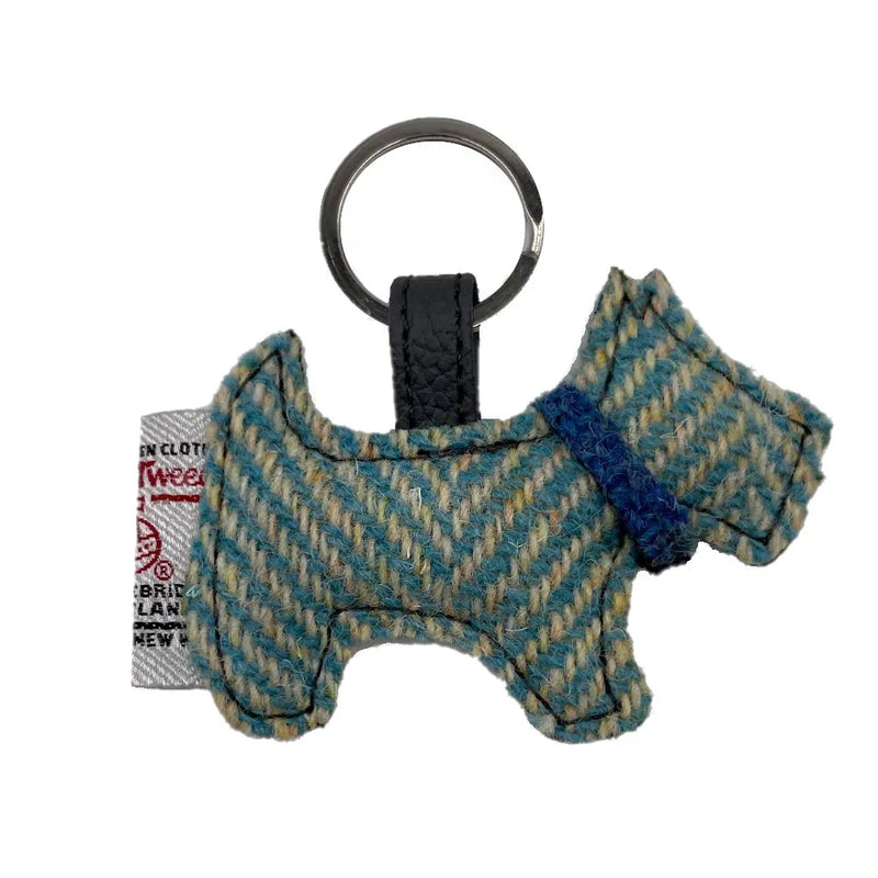 Harris Tweed Scottie Dog Keyring - Turquoise Herringbone