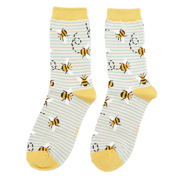 Bees Stripes Bamboo Socks - Duck Egg/Cream