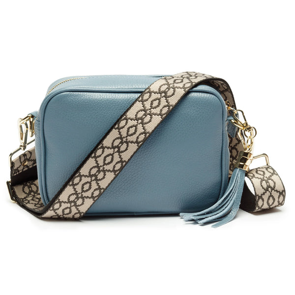 Light Blue Leather Handbag With Blue Diamond Strap