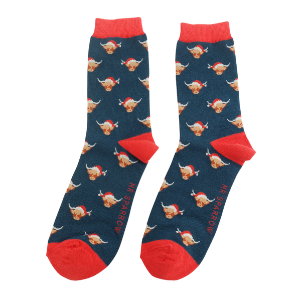 Xmas Highland Cow Socks -Navy