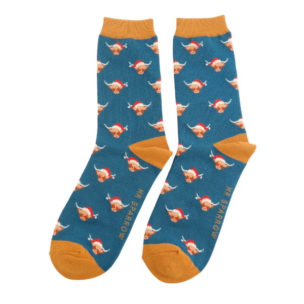 Xmas Highland Cow Socks -Teal