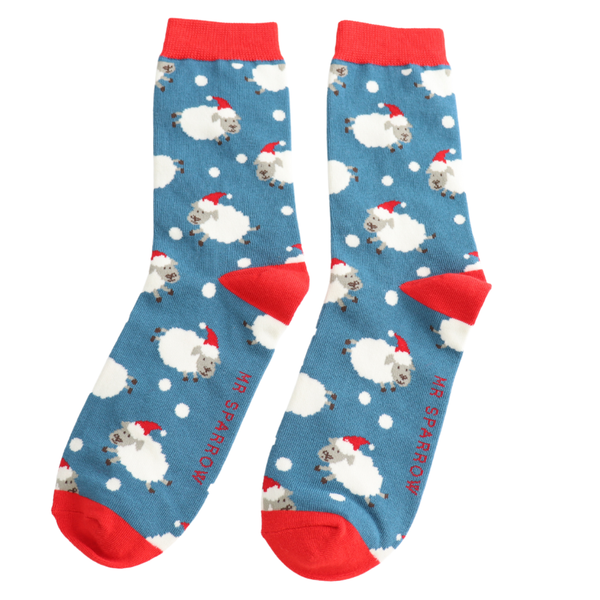 Santa Sheep Socks - Blue
