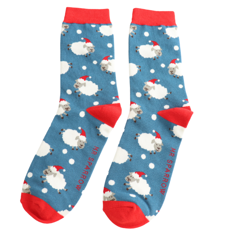 Santa Sheep Socks - Blue